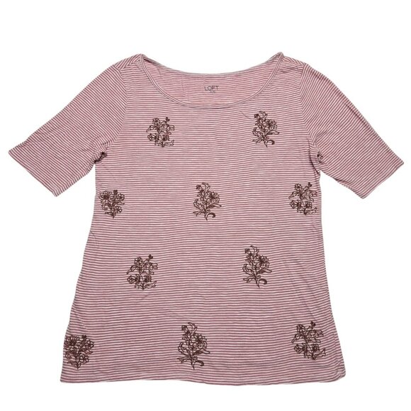 LOFT Tops - Loft Top Womens Small Pink Embroidered Floral Striped Short Sleeve 35 in Chest